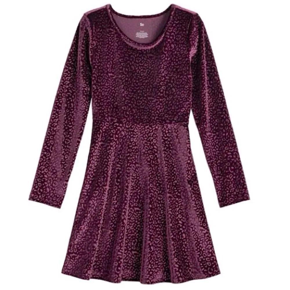 So Kohls Long Sleeve Velvet purple animal print stretch Dress crew neck L 10-12